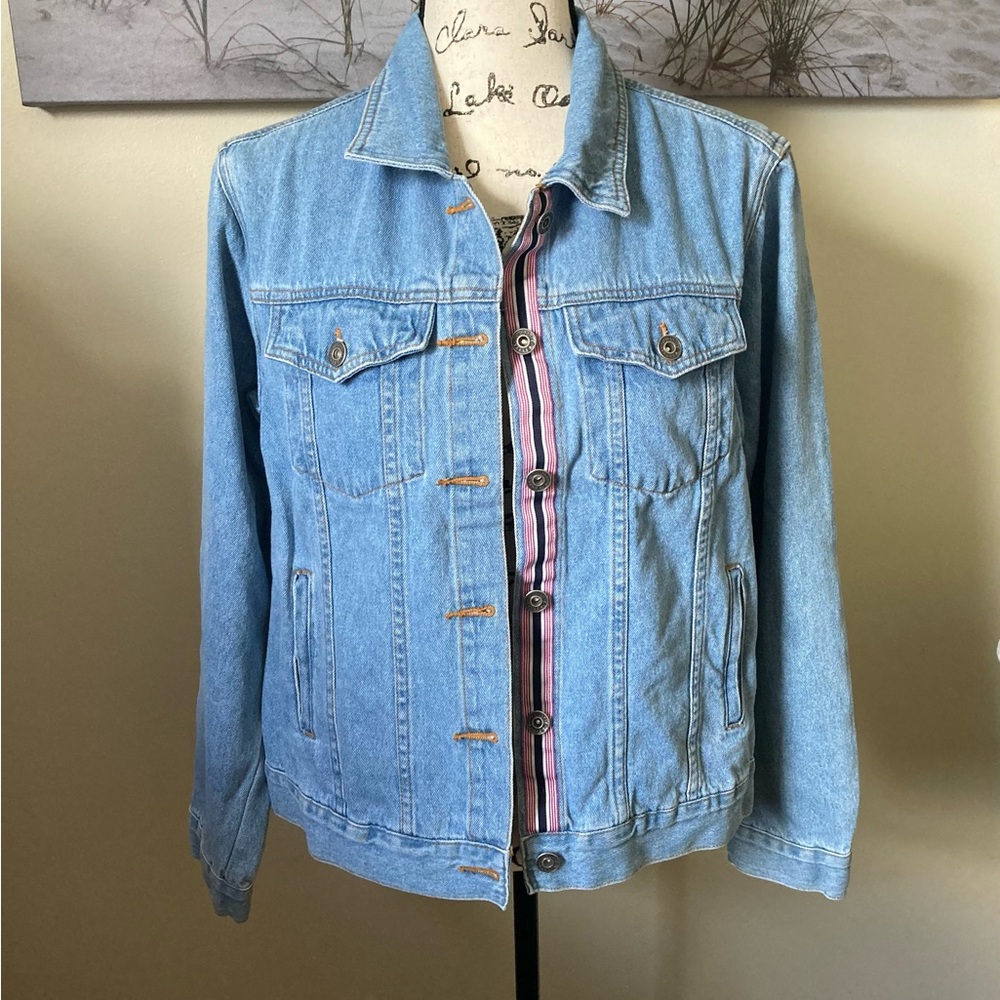 Christopher & Banks denim jacket with fun pop of color under buttons, size large